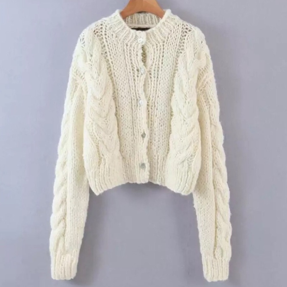 Cable knit sweater cardigan white cream womens twist button purple lilac - Picture 5 of 16